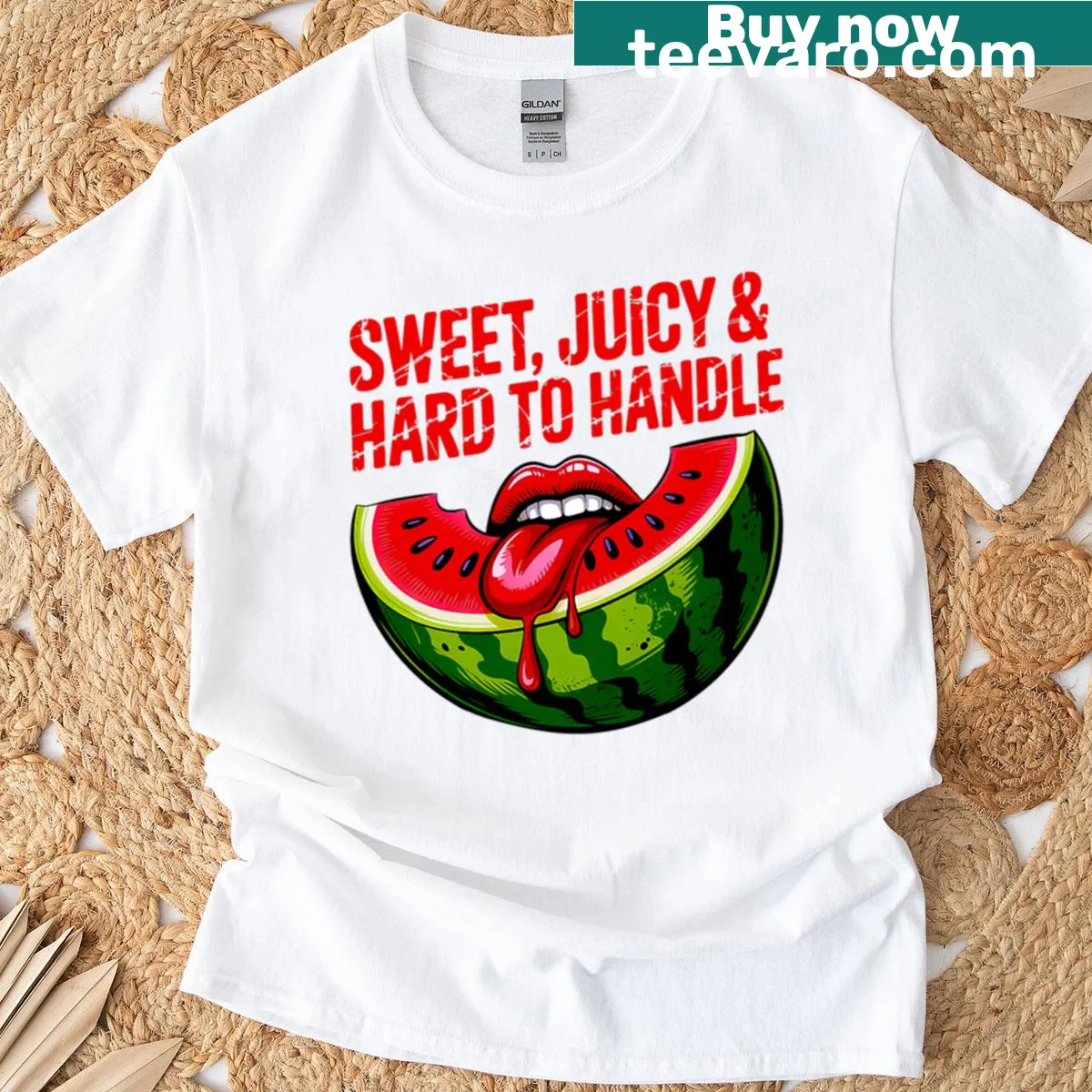 Funny oversized T-shirt with watermelon theme — on a men's t-shirt