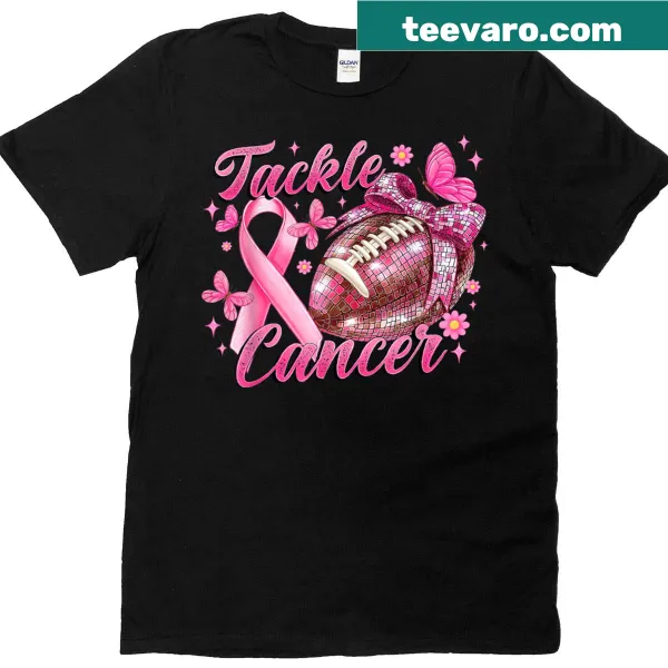 Graphic of a pink ribbon and football for cancer awareness t-shirt
