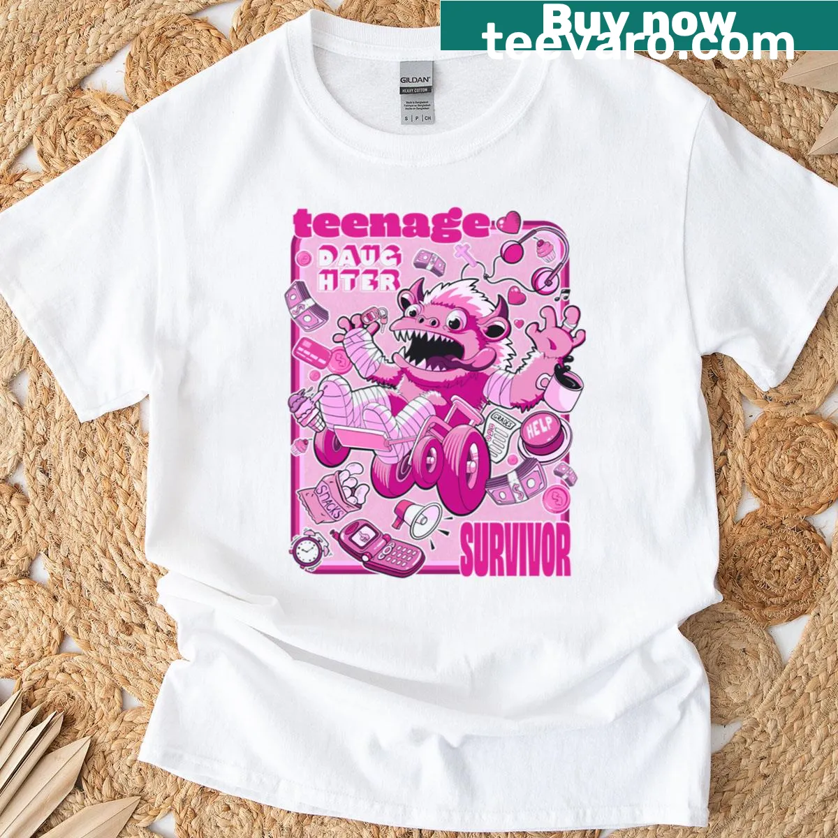 Oversized t-shirt with bold 'Teenage Daughter Survivor' text — on a men's t-shirt