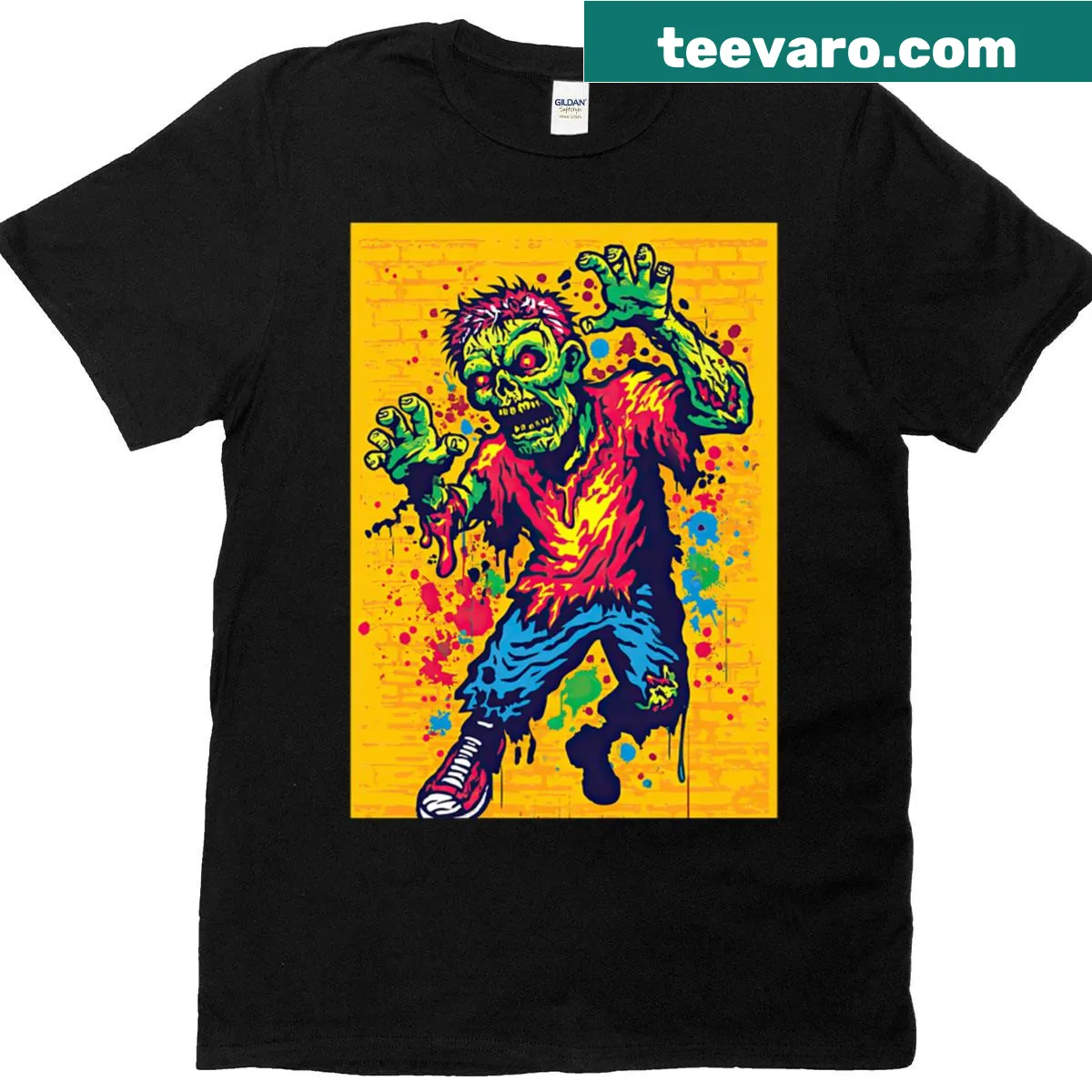 Edgy teenage zombie t-shirt with torn clothing and a grin — on a men's t-shirt
