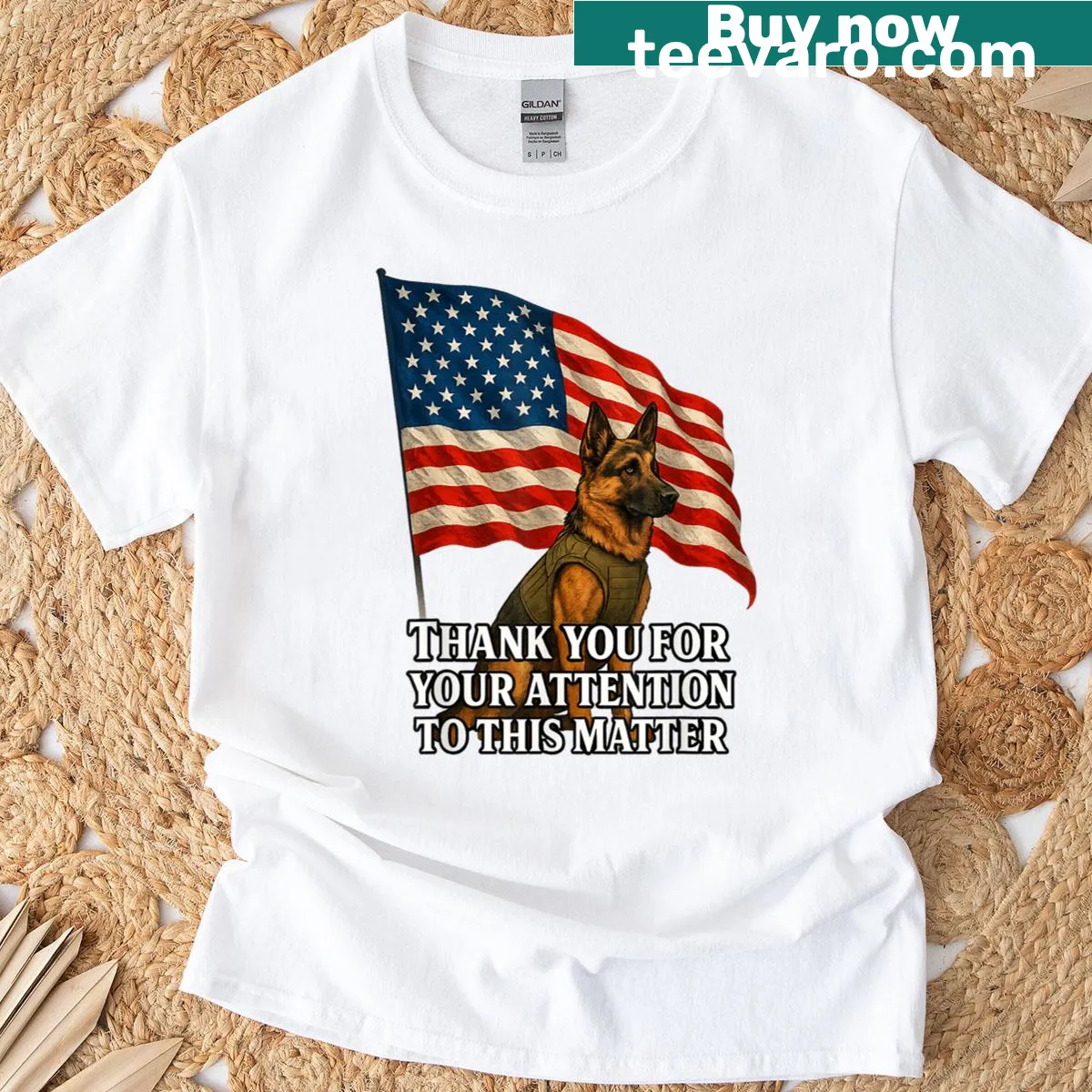 USA flag T-shirt with 'Thank You For Your Attention To This Matter' and dog graphics — on a men's t-shirt