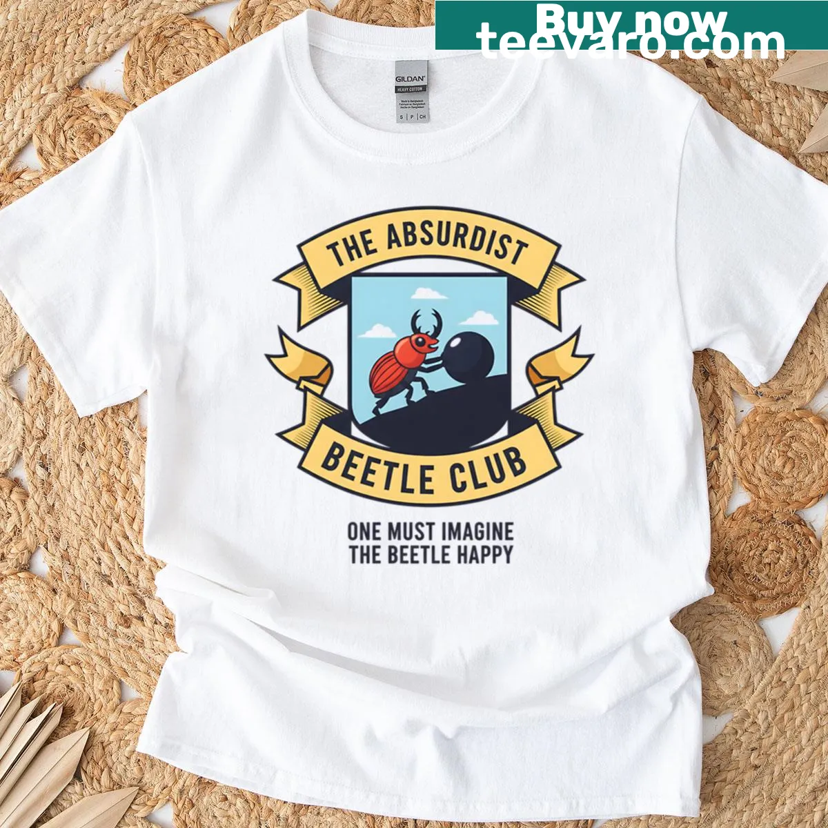 T-shirt featuring a whimsical beetle club design — on a men's t-shirt