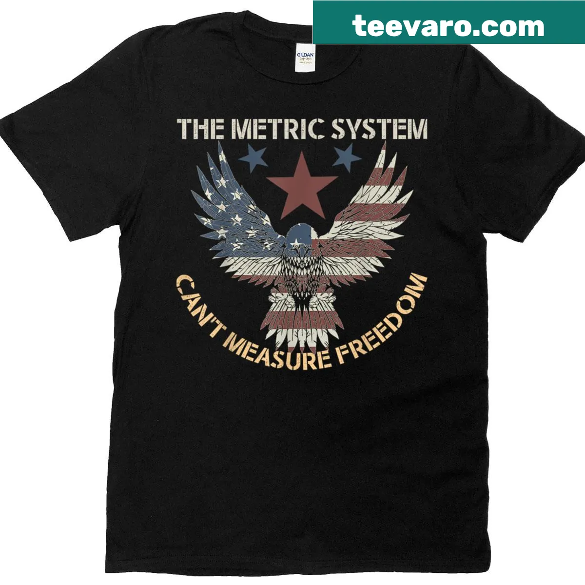Patriotic t-shirt with an eagle and the phrase The Metric System Cant Measure Freedom — on a men's t-shirt