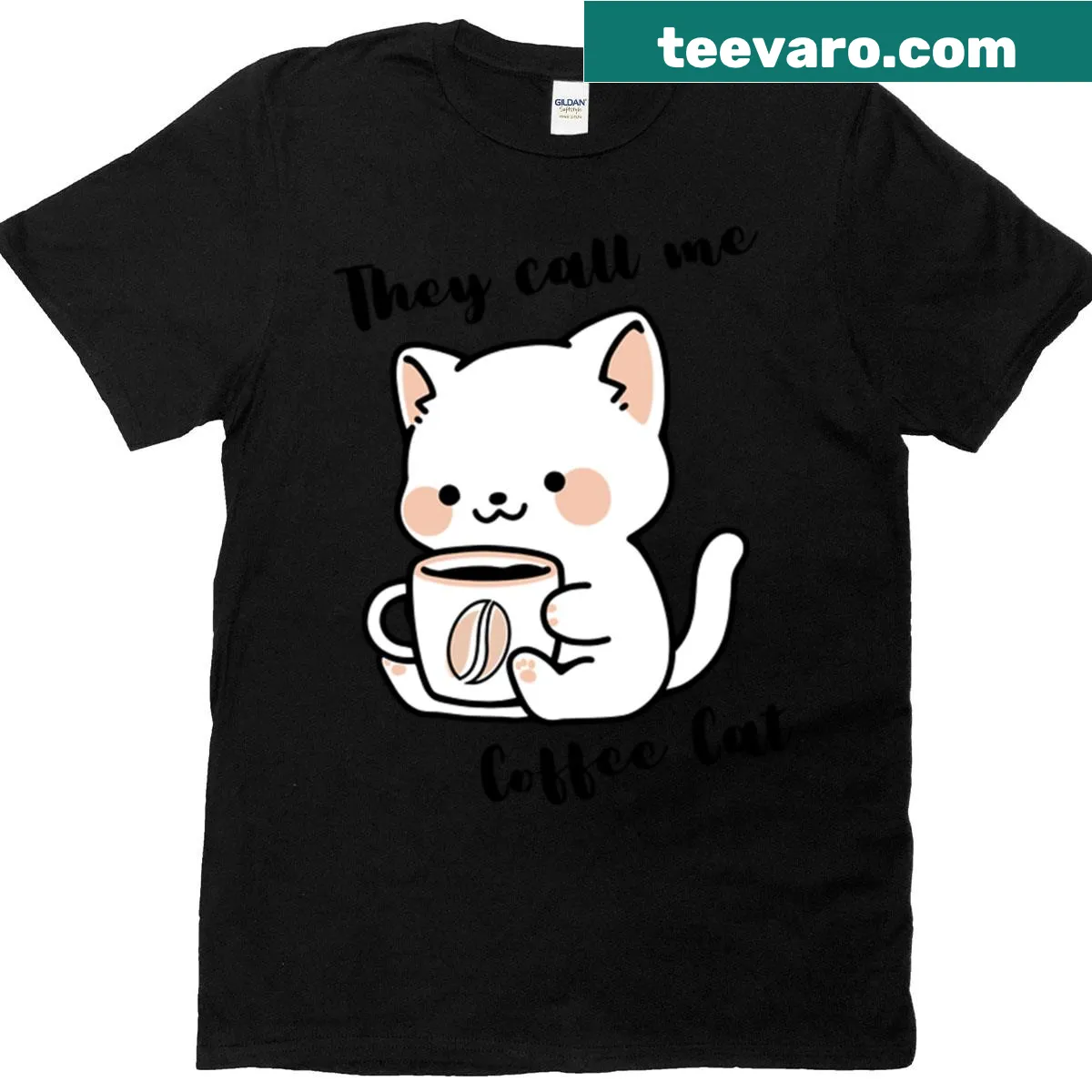 Cute design of a cat with a coffee cup and funny text. — on a men's t-shirt