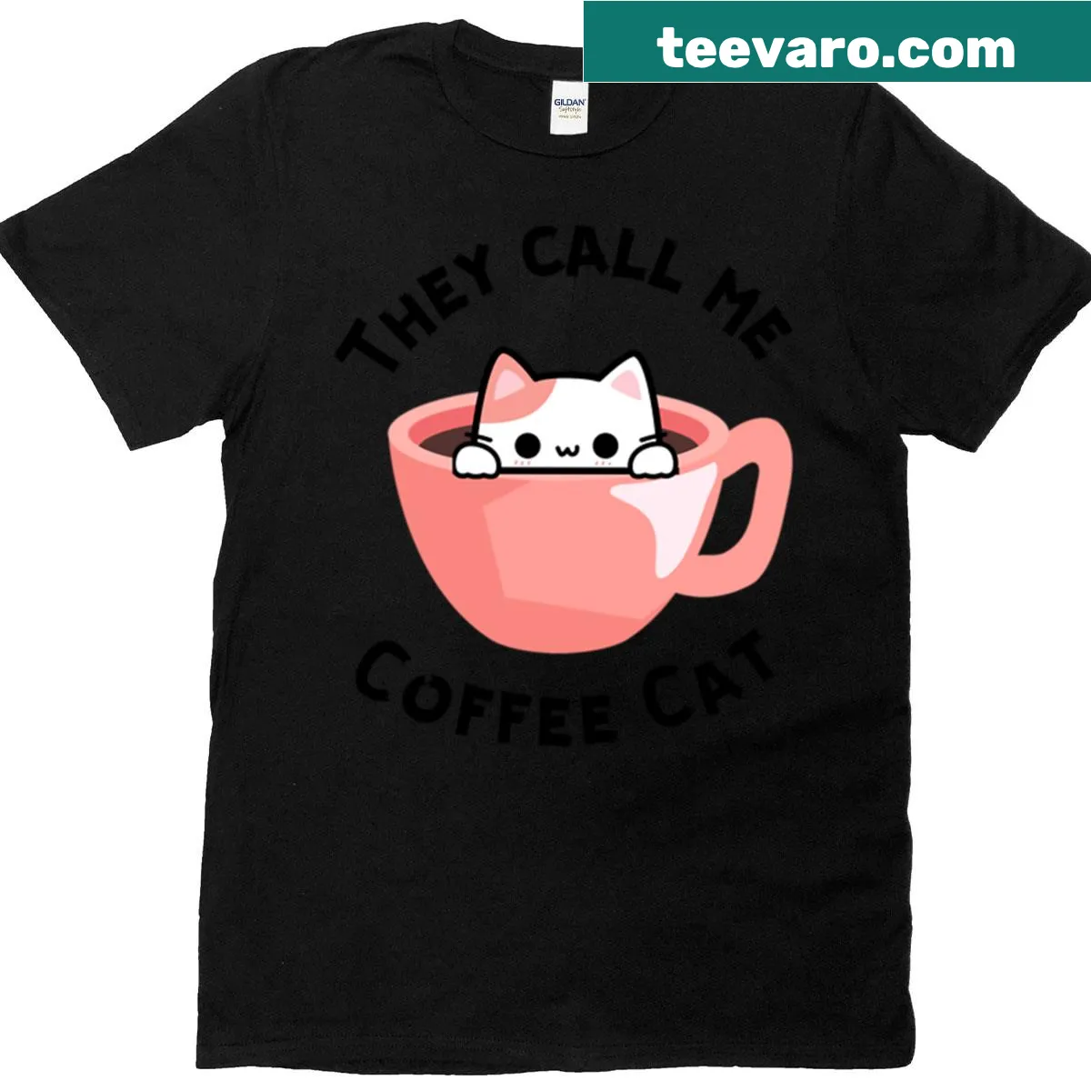 Funny t-shirt featuring a cat swimming in coffee — on a men's t-shirt