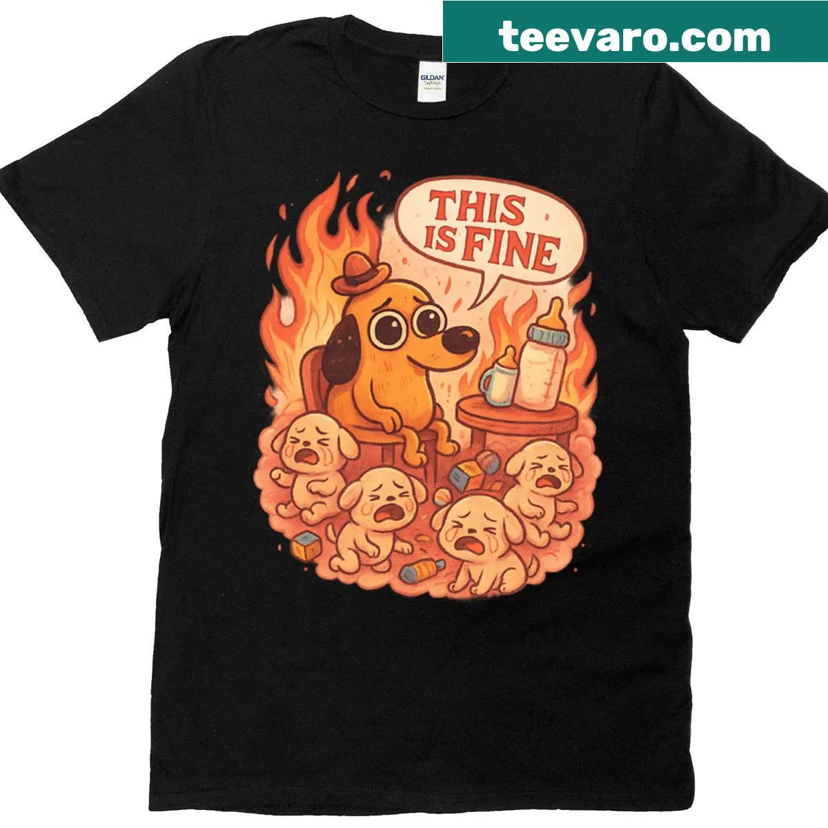 Cartoon of a crying puppy with fire and text 'This Is Fine' — on a men's t-shirt