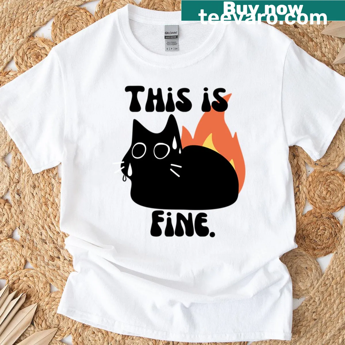 Humorous cat-themed t-shirt with the phrase 'This Is Fine' — on a men's t-shirt