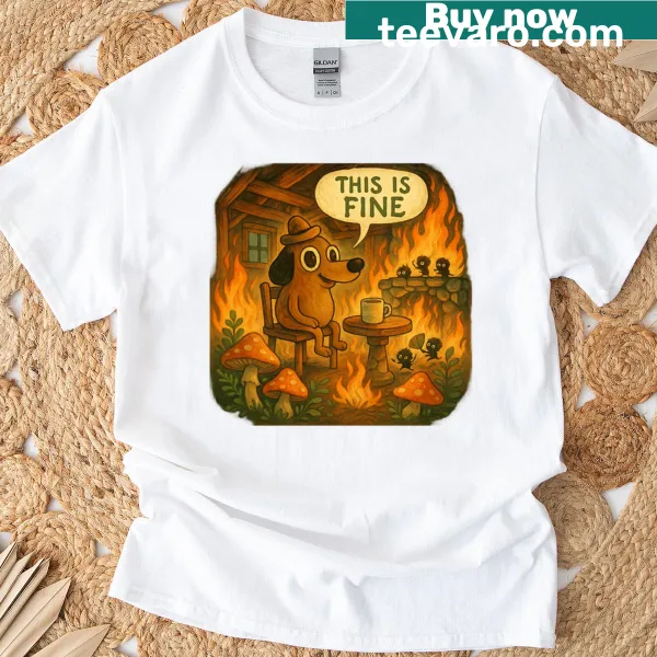Cozy dog design with fireplace flames and mushrooms for humor.