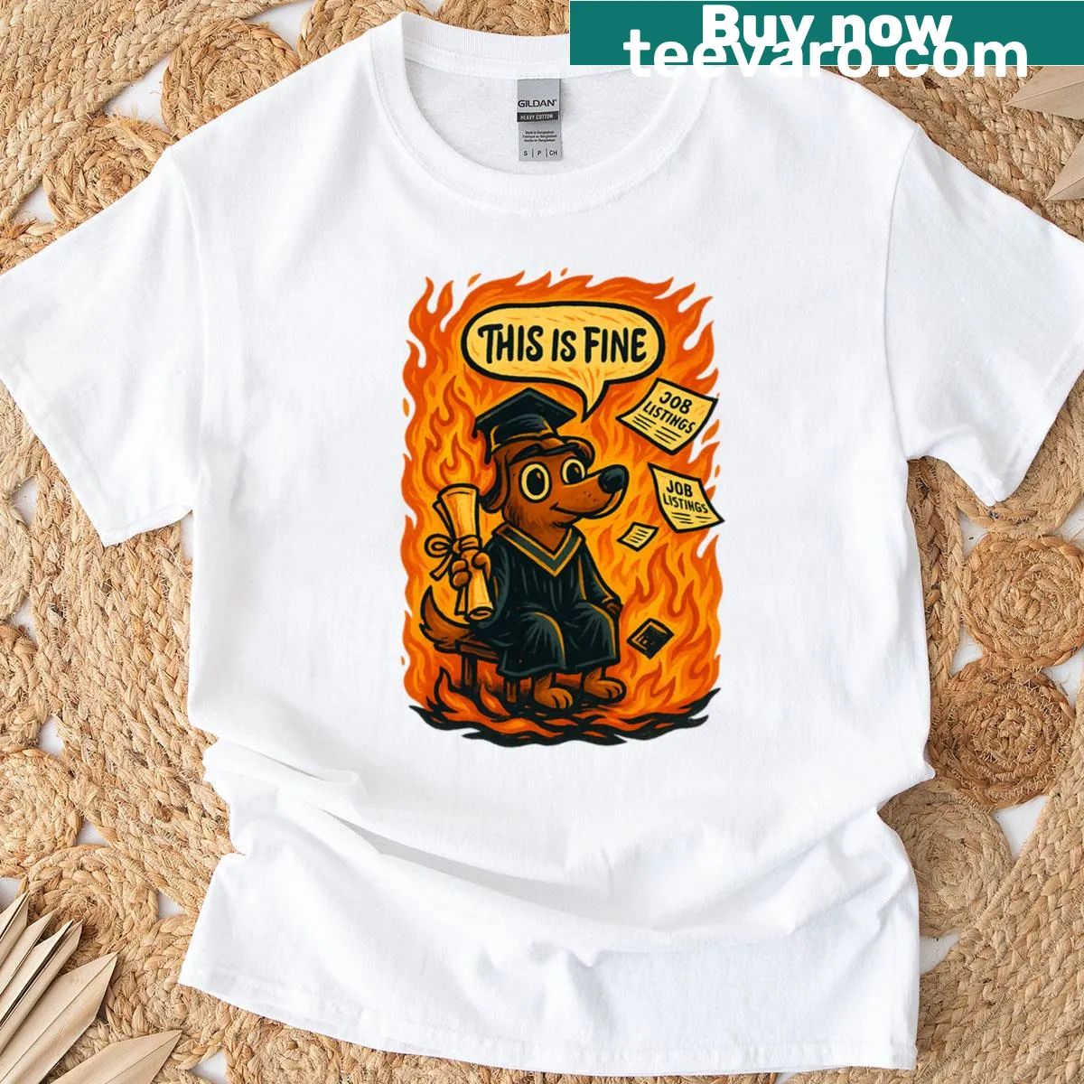 Graduate dog in cap and gown with humorous job listings graphic. — on a men's t-shirt
