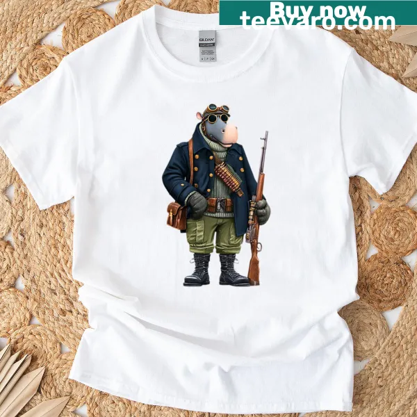 Hippo marksman graphic on a t-shirt with a playful design