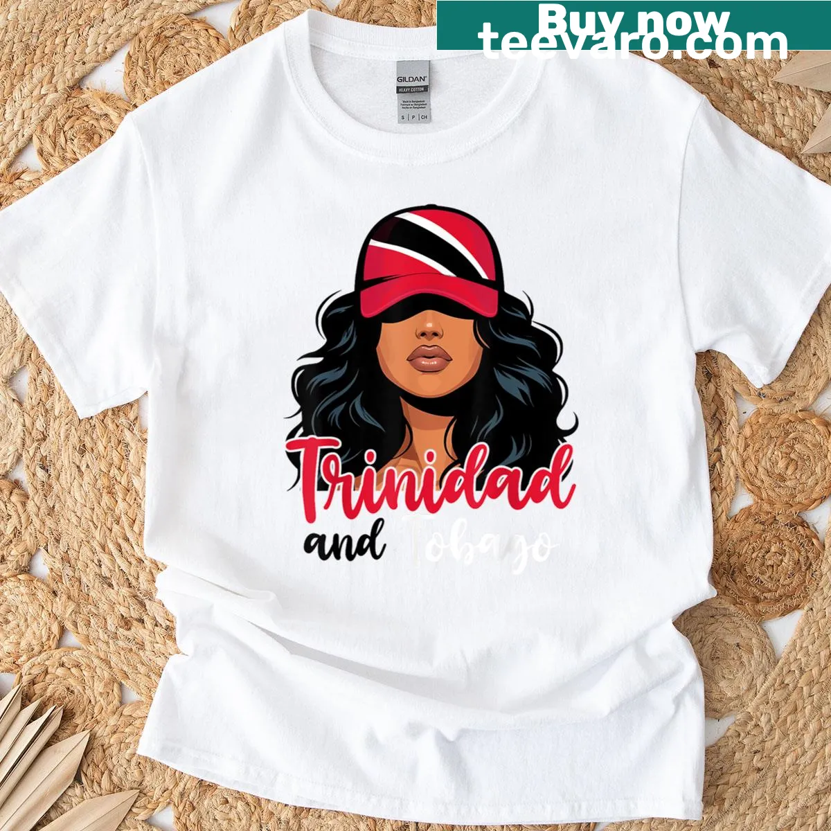 Trinidad flag graphic on a women's t-shirt celebrating Tobagonian pride — on a men's t-shirt
