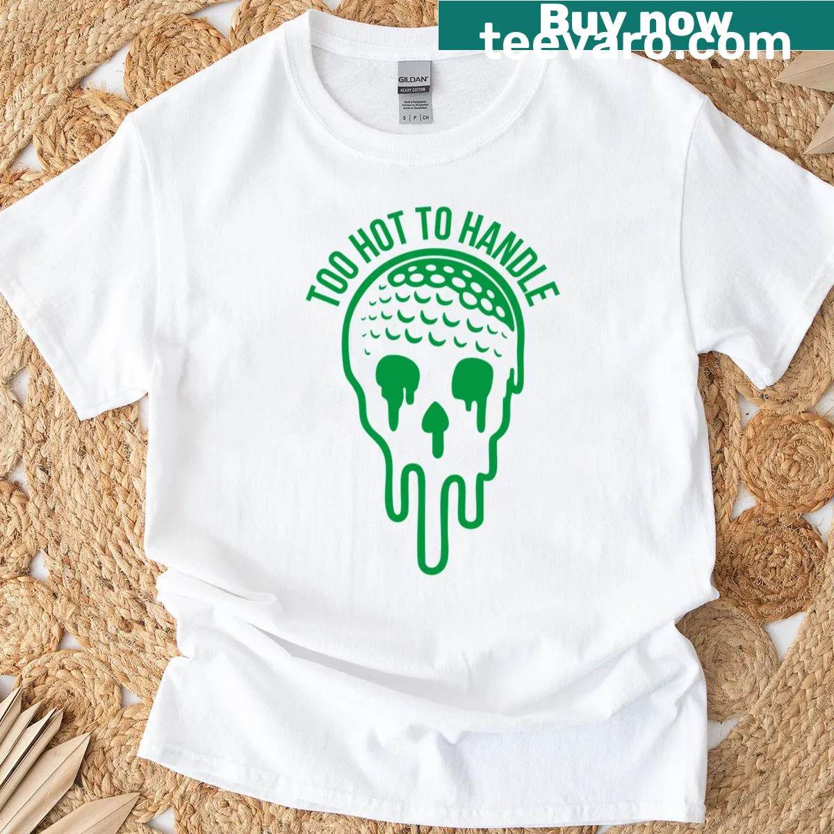 Edgy golf-themed melting skull and golf ball graphic t-shirt — on a men's t-shirt