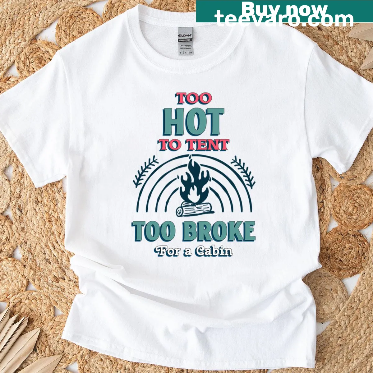 Playful camping T-shirt about budget accommodations. — on a men's t-shirt