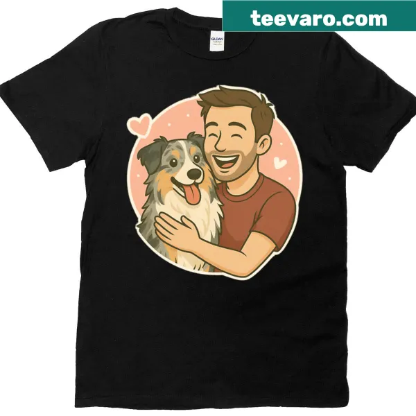 Oversized t-shirt with cartoon of man and Australian Shepherd