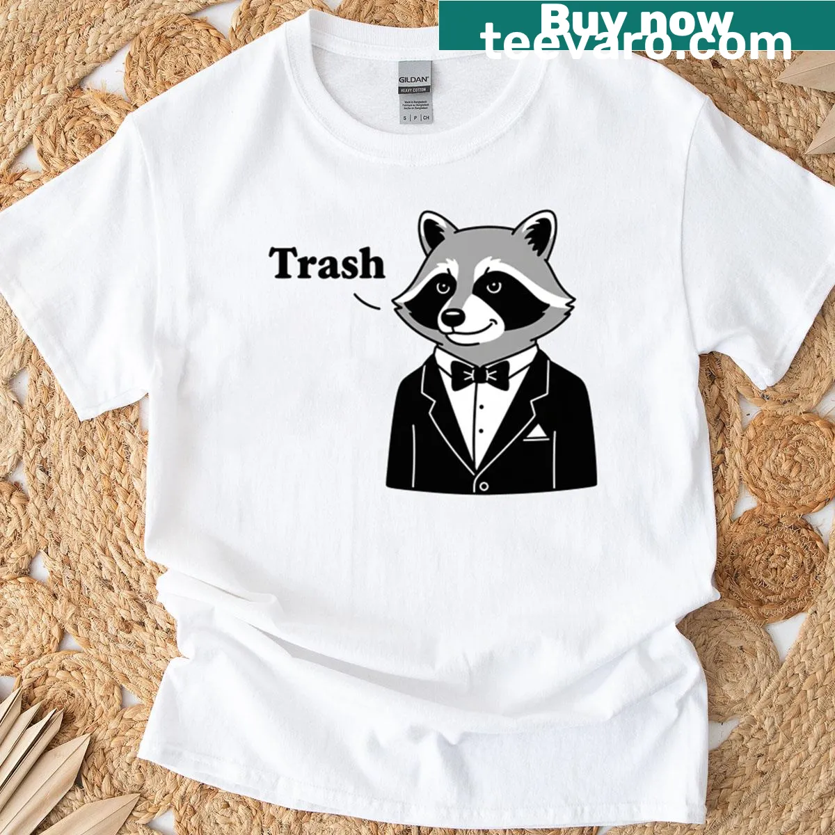 Illustration of a raccoon wearing a tuxedo — on a men's t-shirt