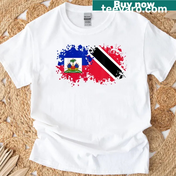 T-shirt celebrating Trinidad and Haiti unity with 'Half Trini Half Haitian' text