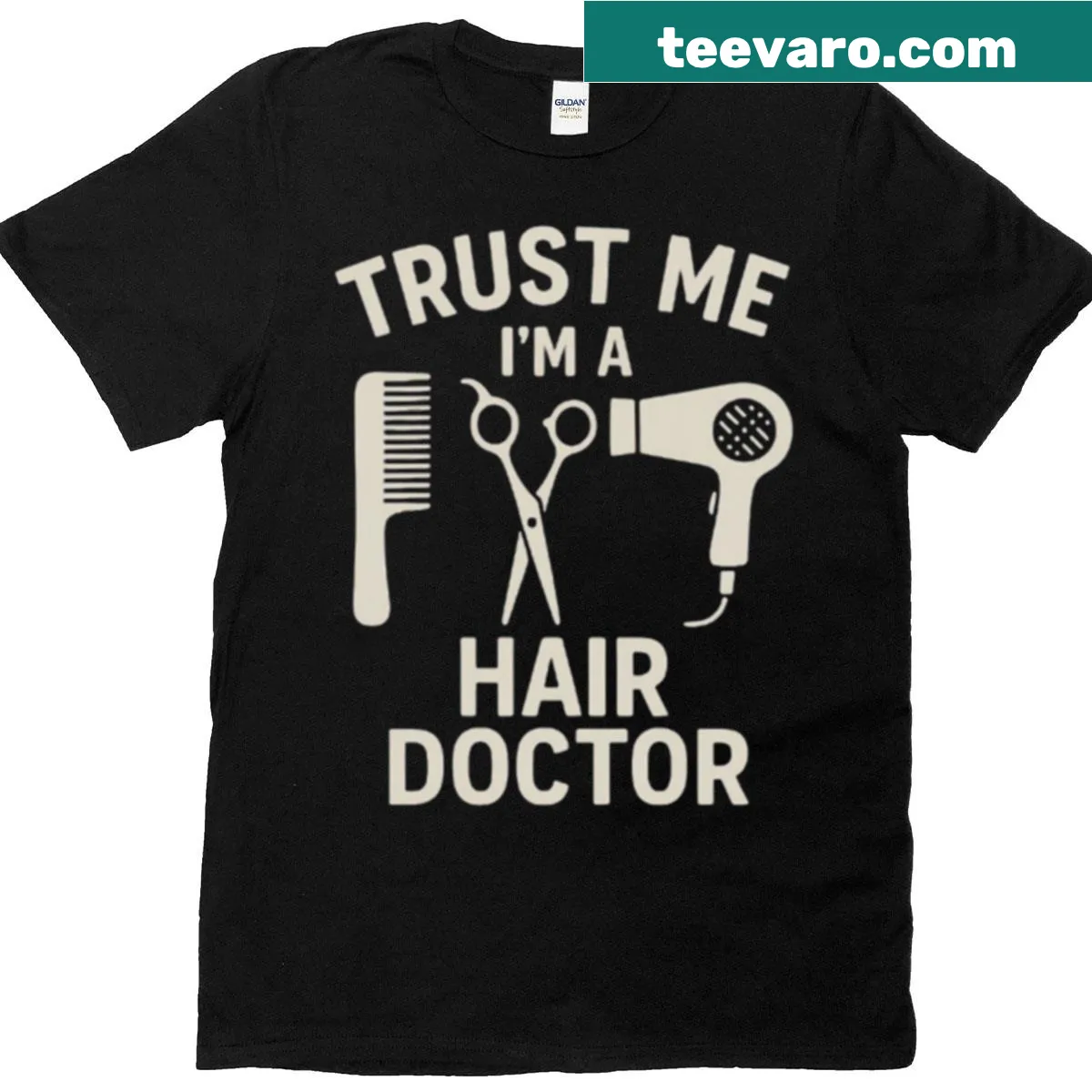 Funny oversized t-shirt with 'Trust Me, I'm A Hair Doctor' text — on a men's t-shirt