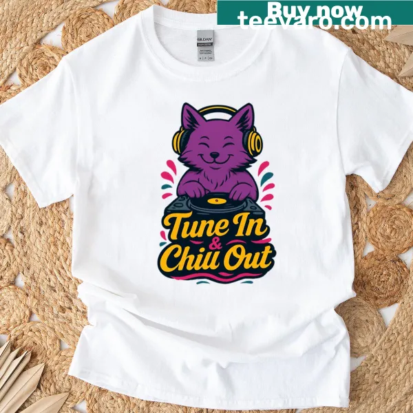 Playful DJ Cat music-themed T-shirt