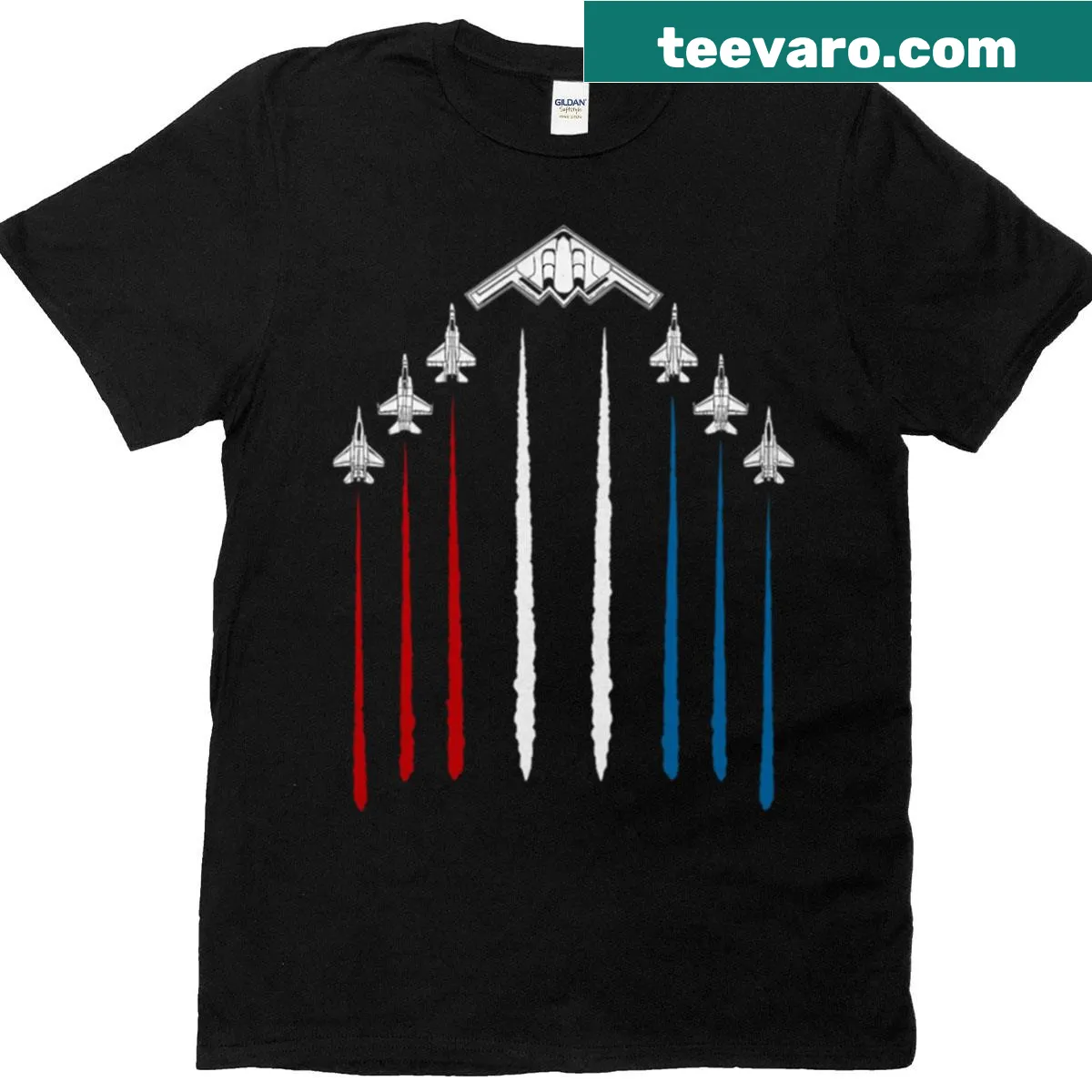 Funny 4th of July t-shirt with fighter jets and patriotic colors — on a men's t-shirt