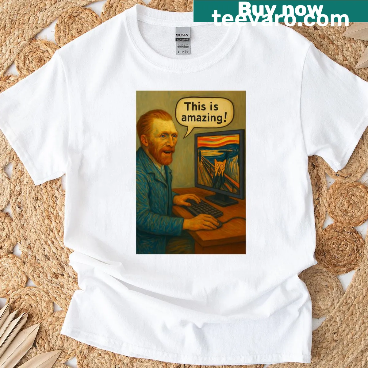 Cat meme over digital art of The Scream in pop art style — on a men's t-shirt