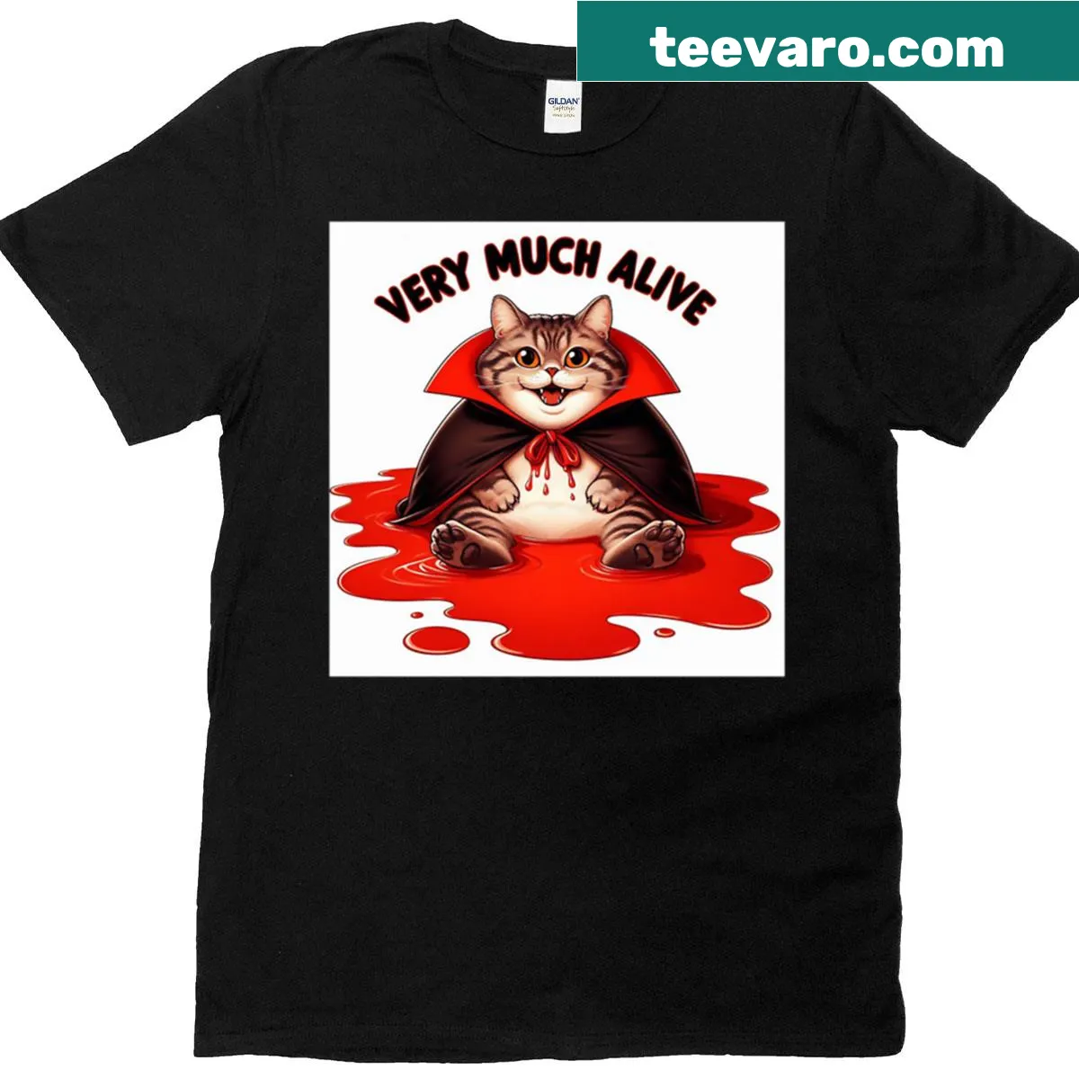Funny cat tee with vampire theme for cat lovers — on a men's t-shirt