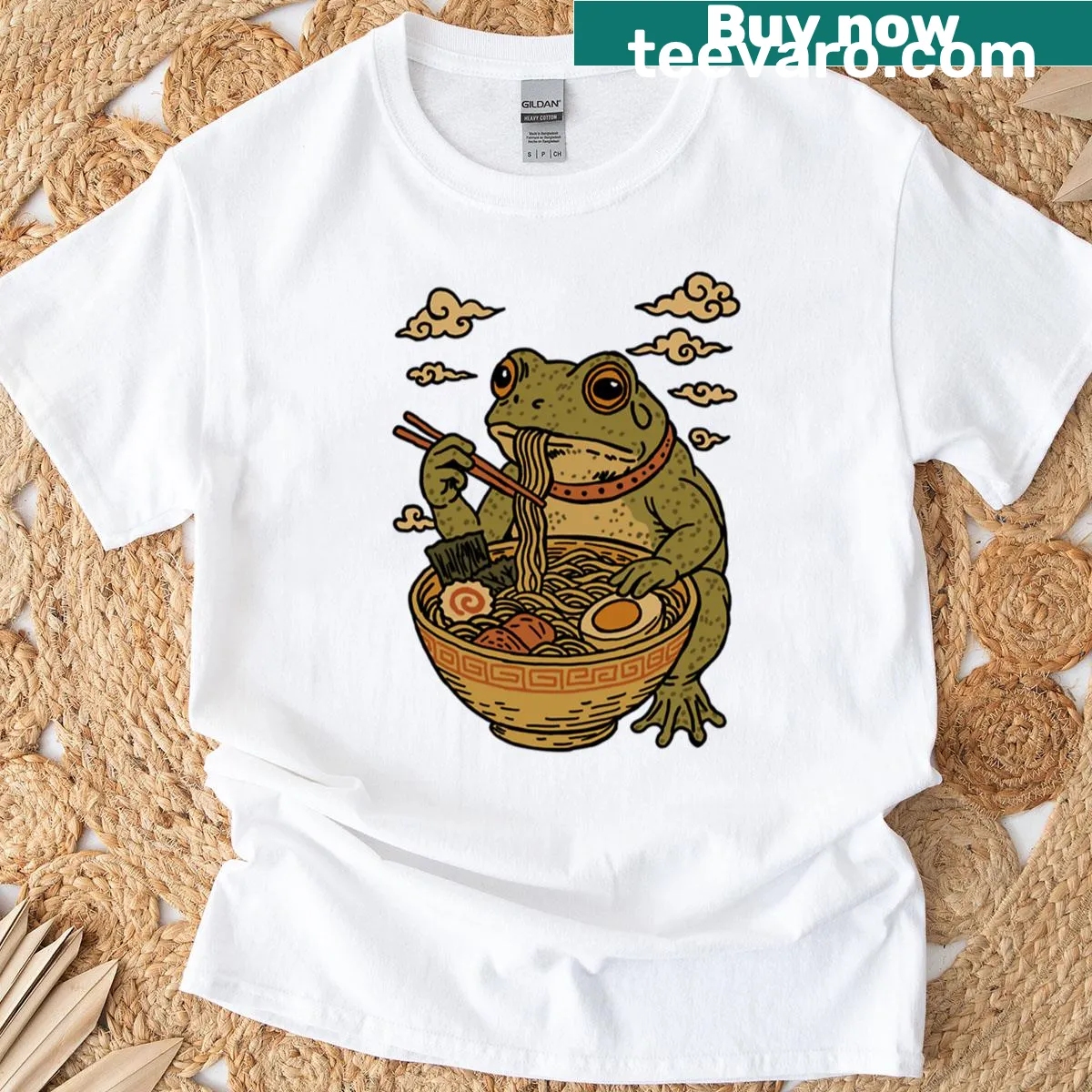 Vintage graphic of a frog enjoying ramen on an oversized T-shirt — on a men's t-shirt