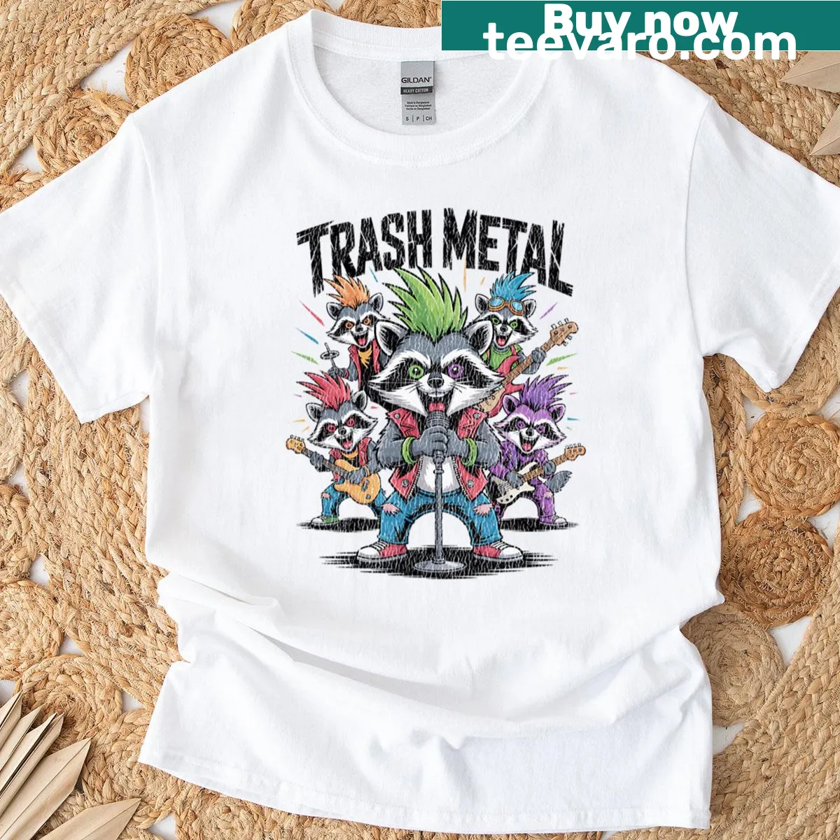 Funny raccoon band cartoon design on a T-shirt — on a men's t-shirt