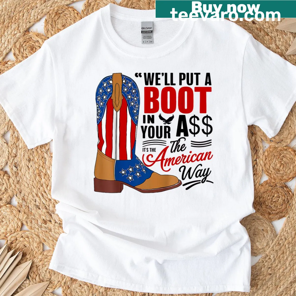 Funny cowgirl boot graphic for Fourth of July celebration — on a men's t-shirt