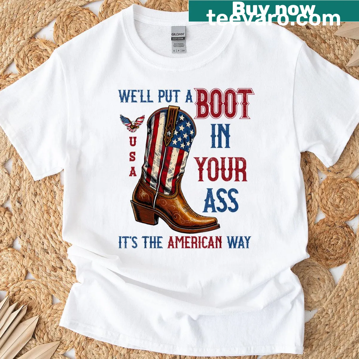 Cowboy-themed 4th of July T-shirt with bold text — on a men's t-shirt