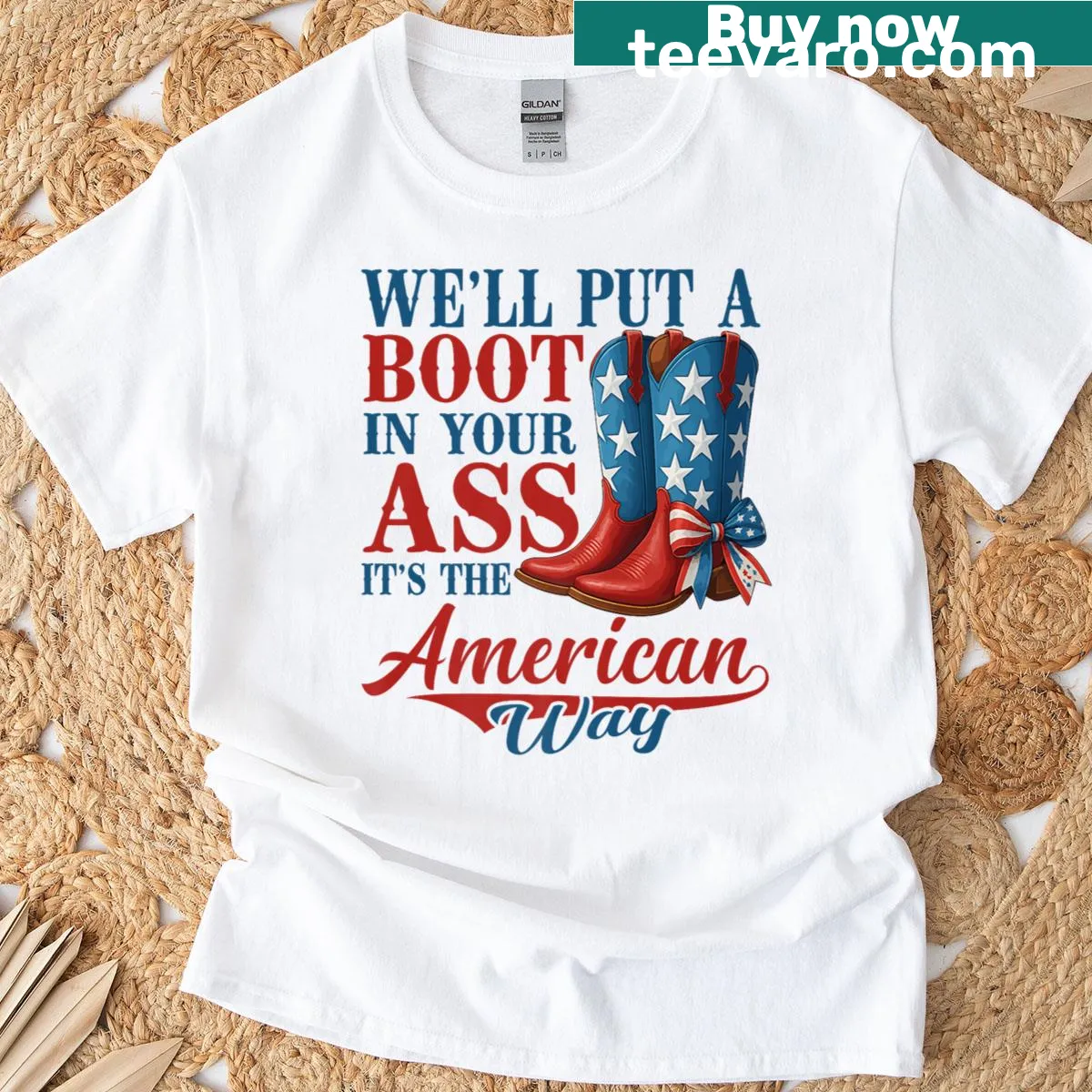 Cowgirl-themed 4th of July T-shirt with USA flag graphic — on a men's t-shirt