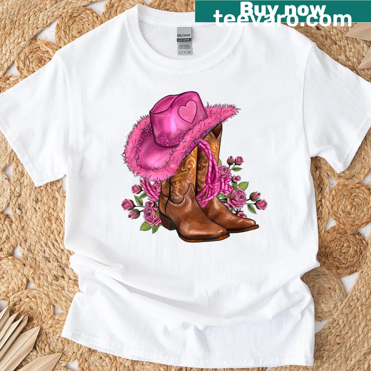 Illustration of cowboy boots, cowgirl hat, and roses on a T-shirt — on a men's t-shirt