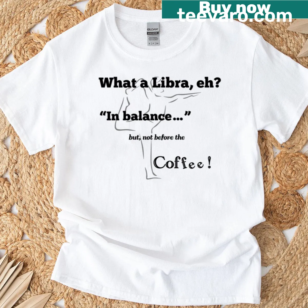 Playful typography tee with the phrase 'What A Libra Eh' about coffee and balance — on a men's t-shirt