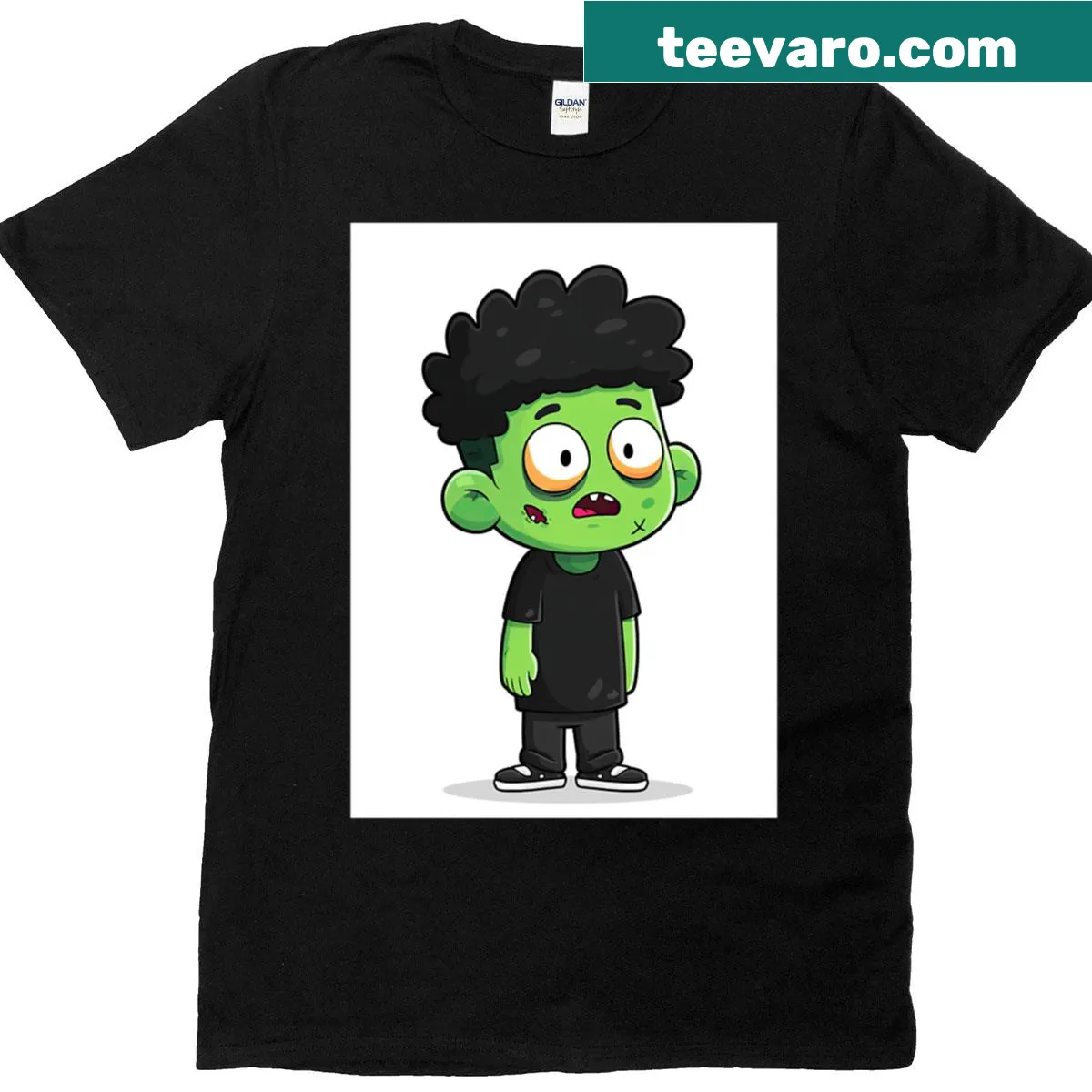 Cartoon zombie T-shirt with a wide-eyed screaming character. — on a men's t-shirt