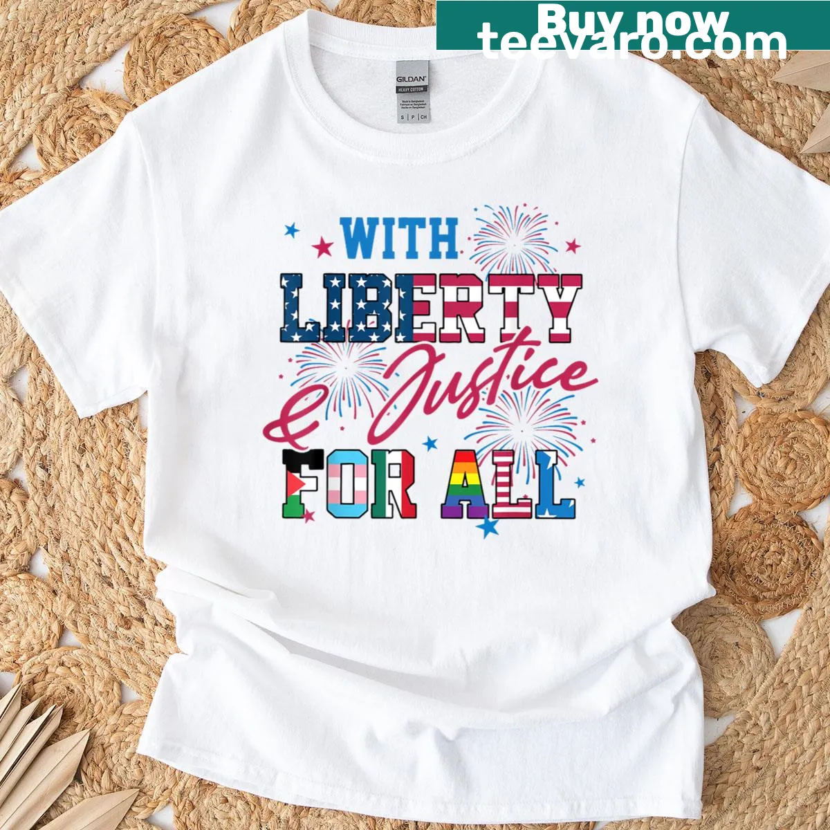Emblematic design promoting liberty and justice for all — on a men's t-shirt