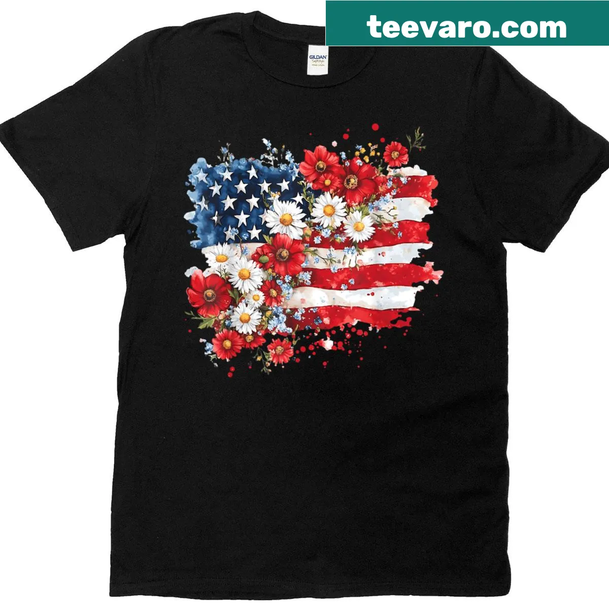 Floral American flag T-shirt for women celebrating Fourth of July — on a men's t-shirt