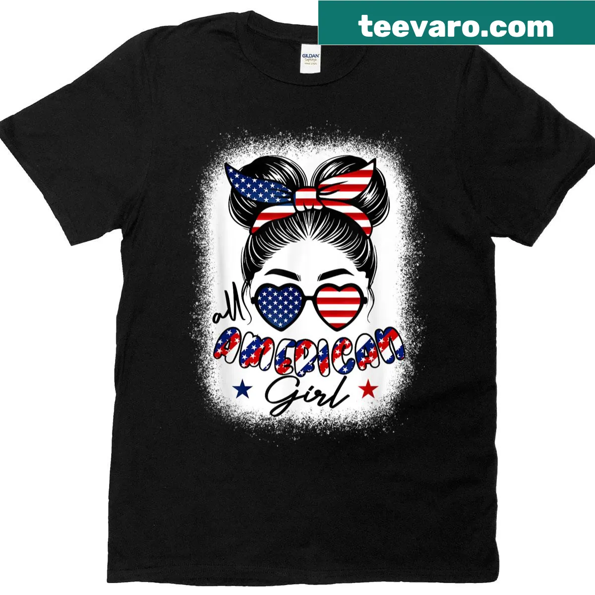 Messy bun design with USA flag graphic on women's t-shirt — on a men's t-shirt