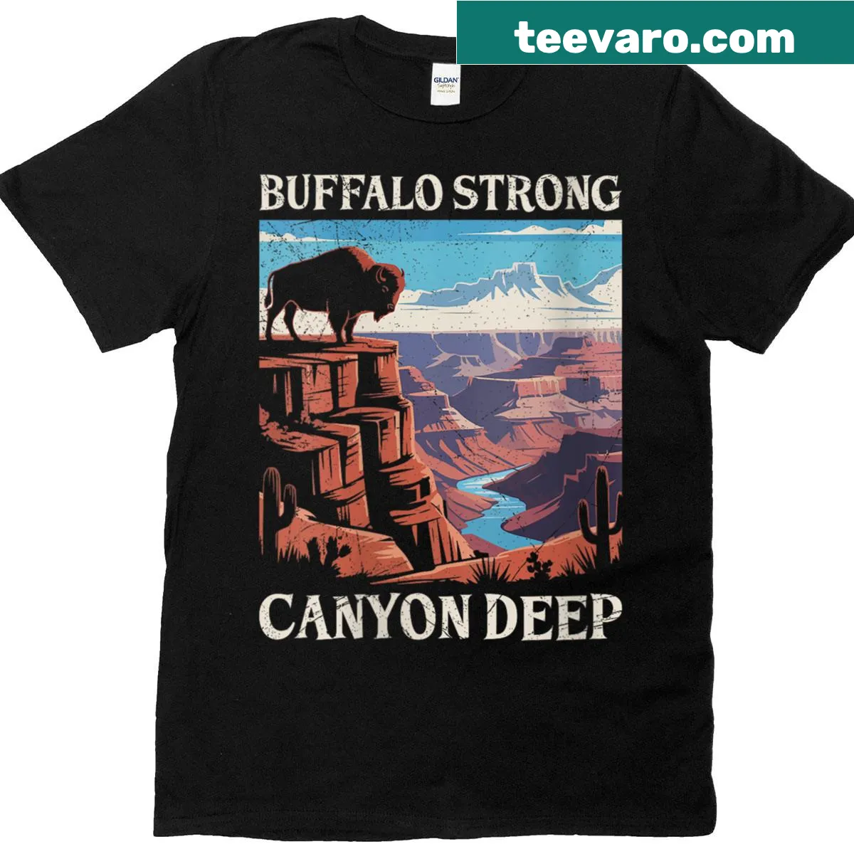 Funny Arizona Grand Canyon t-shirt with buffalo design and humorous text — on a men's t-shirt