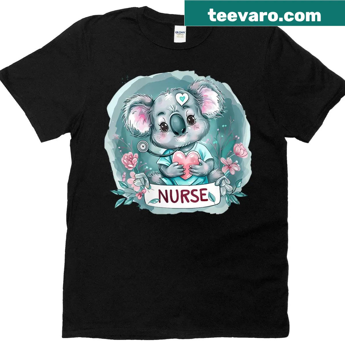 Illustration of a koala bear surrounded by flowers for nurses — on a men's t-shirt