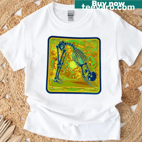 Yogi skull in downward dog pose with a trippy design