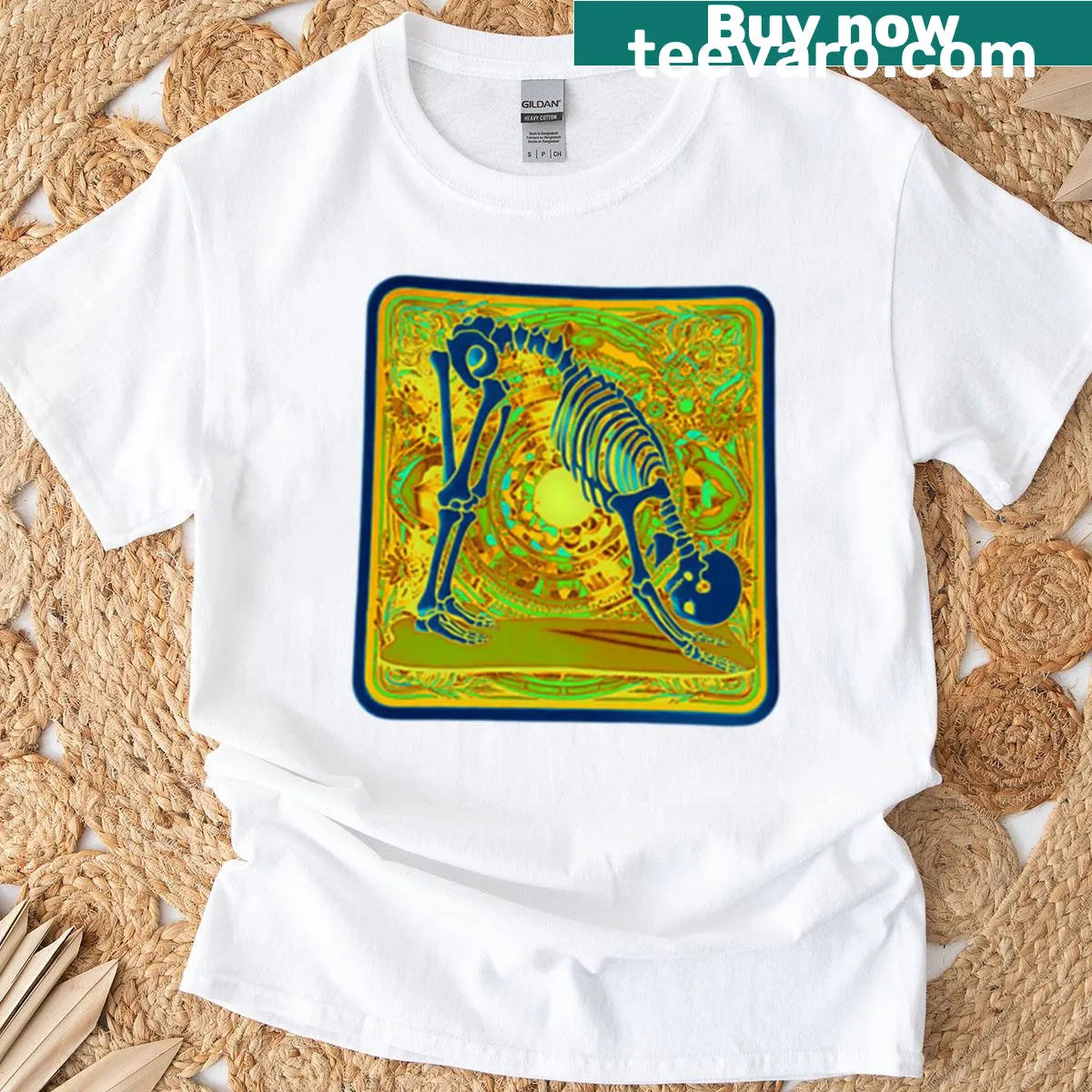 Yogi skull in downward dog pose with a trippy design — on a men's t-shirt