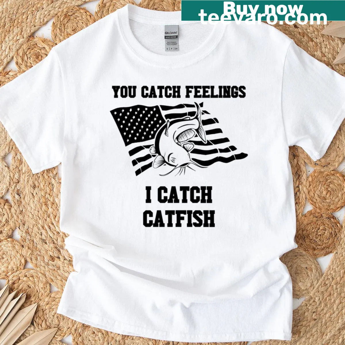 Humorous catfish fishing quote t-shirt with USA flag — on a men's t-shirt