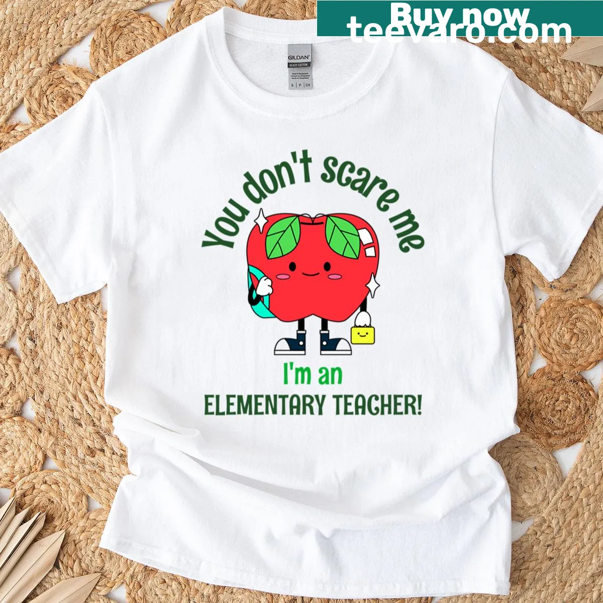Bold text shirt for elementary teachers saying they aren't scared — on a men's t-shirt