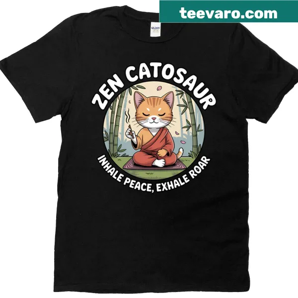 Whimsical meditating cat design with inhale peace, exhale roar text