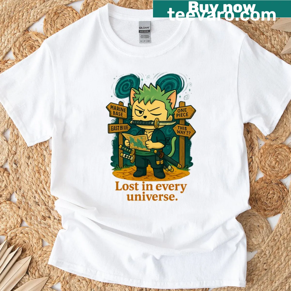 Chibi Zoro Nyanko lost in every universe design T-shirt — on a men's t-shirt
