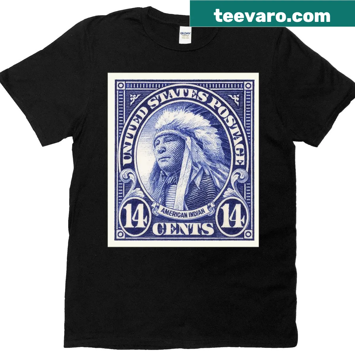Oversized t-shirt inspired by American Indian postage stamp — on a men's t-shirt