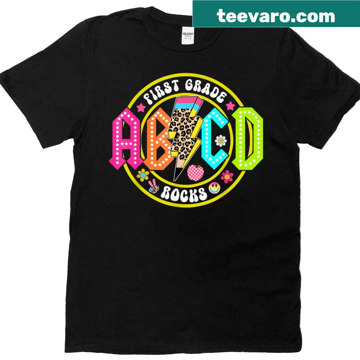 1st Grade Rock And Roll alphabet back to school t-shirt — on a men's t-shirt