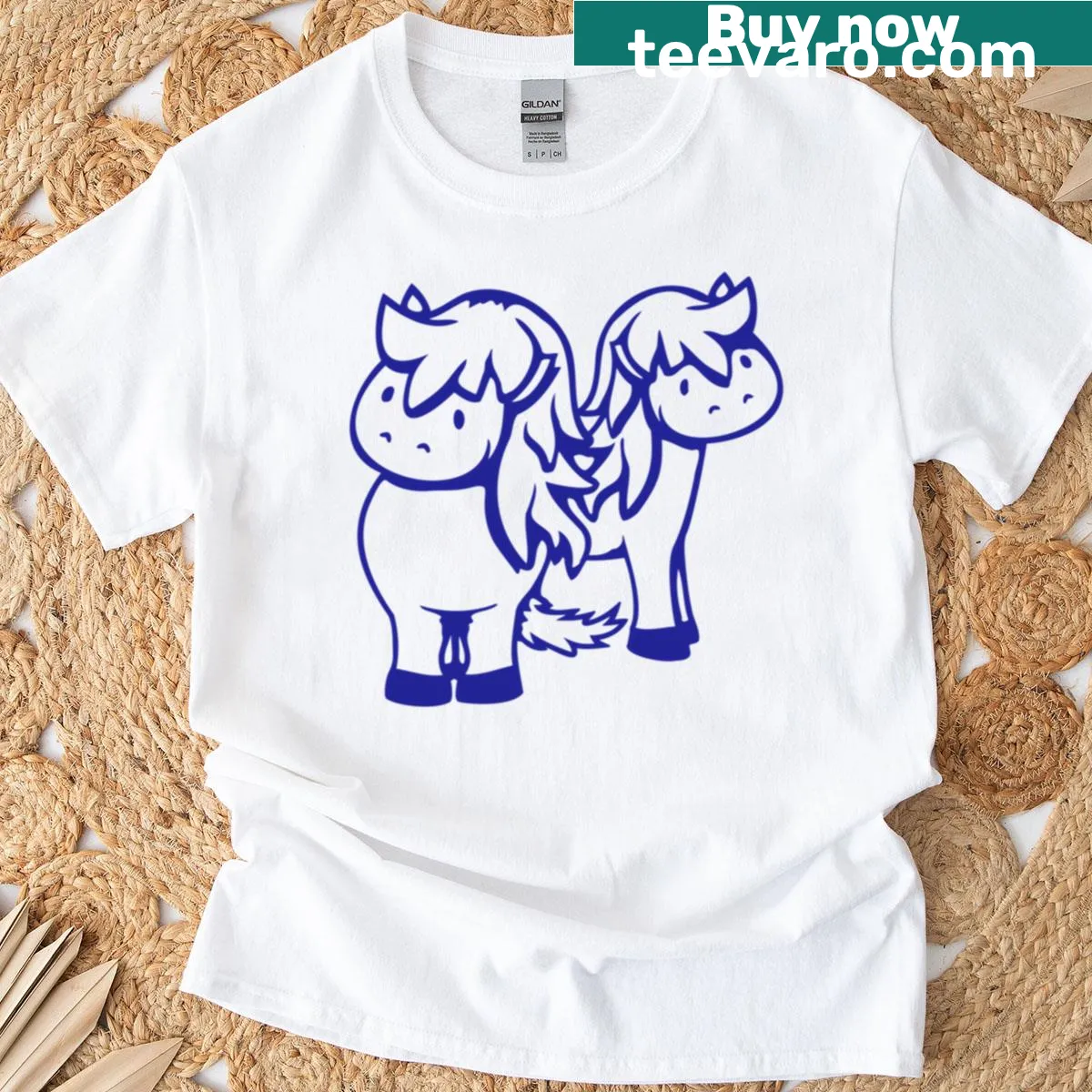Illustrated T-shirt featuring two cartoon horses representing friendship and love — on a men's t-shirt