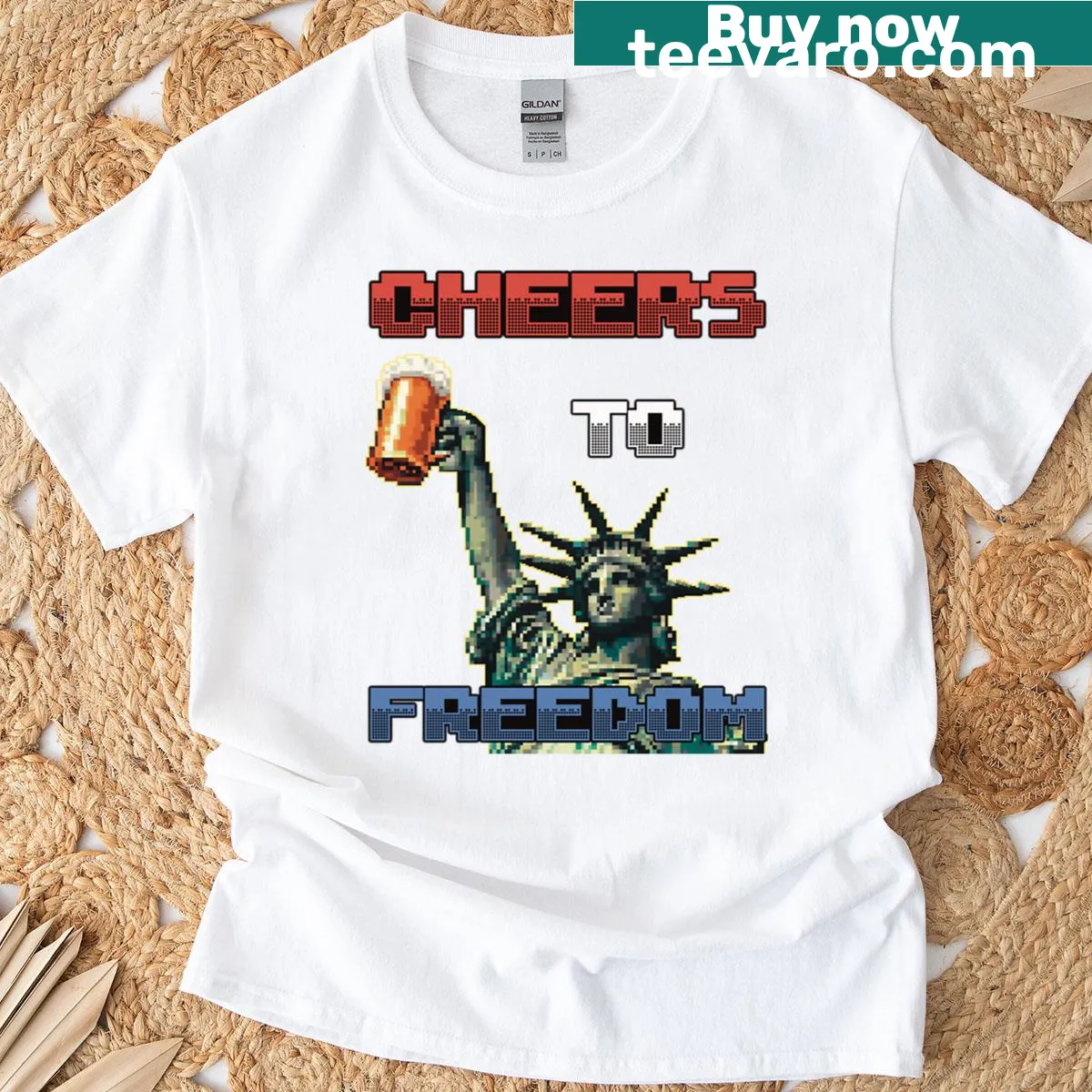 T-shirt with pixel art of the Statue of Liberty celebrating freedom — on a men's t-shirt