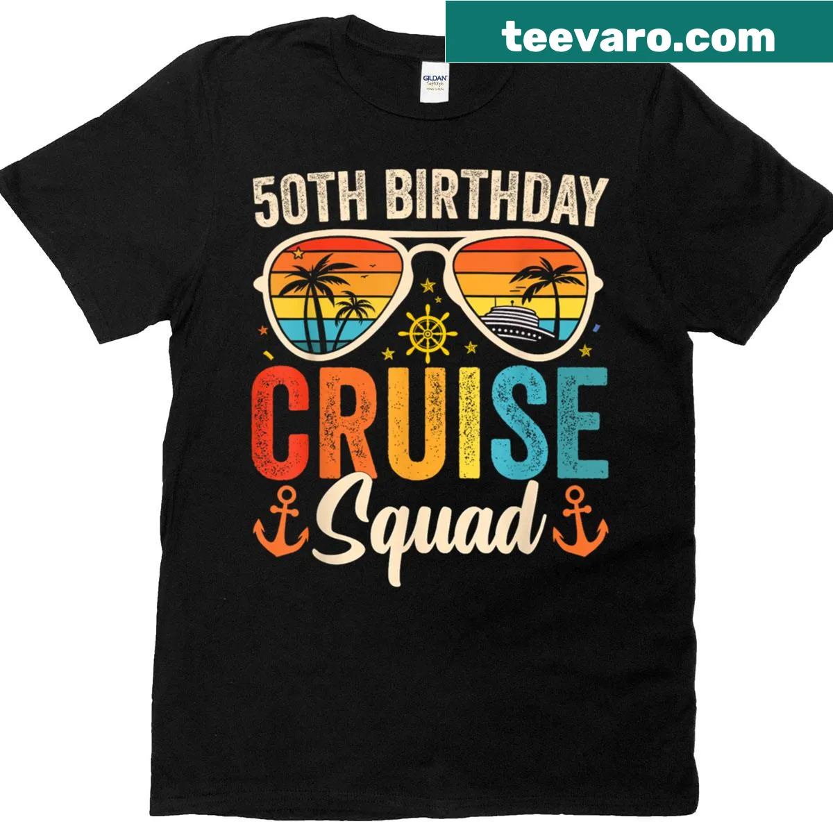Matching family cruise squad T-shirt for a 50th birthday celebration — on a men's t-shirt