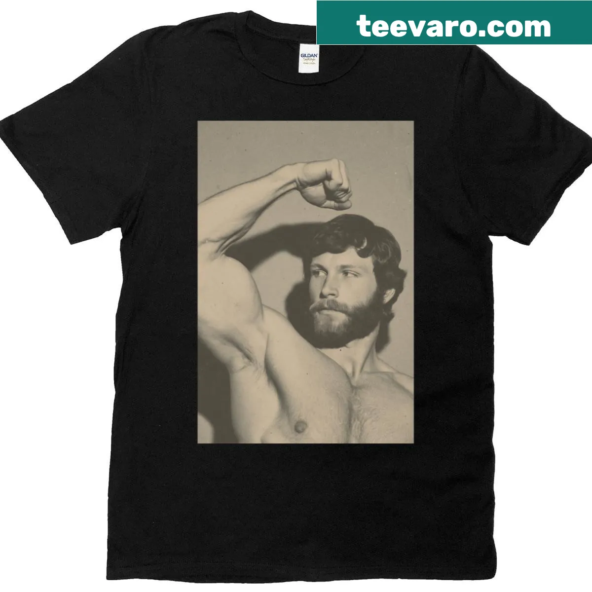 Vintage T-shirt featuring flexing biceps in 70s style — on a men's t-shirt